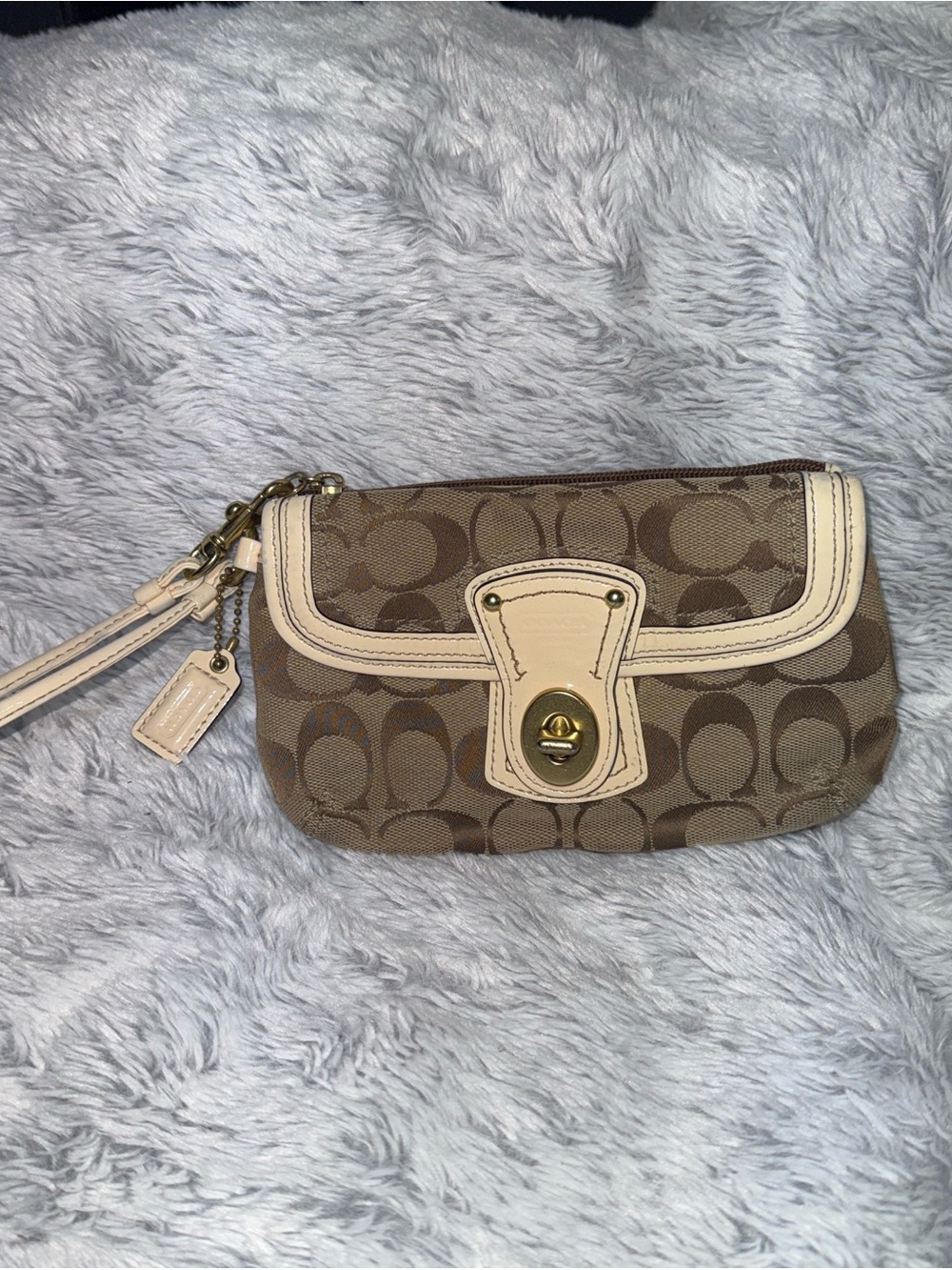 Coach Signature Canvas Wristlet in Brown and Chalk Patent Trim